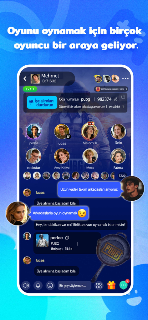 Teami：Team up & Play - Interfaz de la aplicación Teami que muestra una sala de chat de voz donde los gamers pueden encontrar compañeros de equipo y socializar