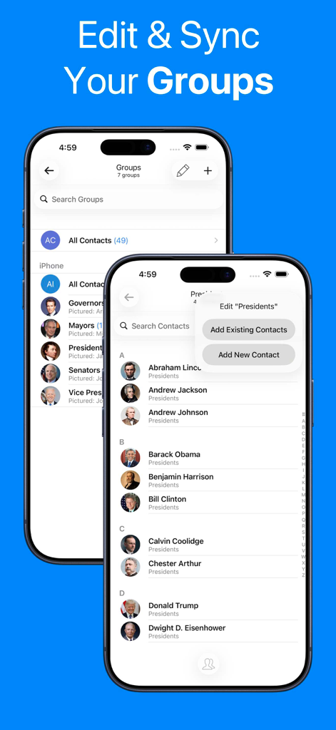 Contacts Sync: Google & More - iPhoneで連絡先グループ管理と同期機能を示すモバイルアプリインターフェース。