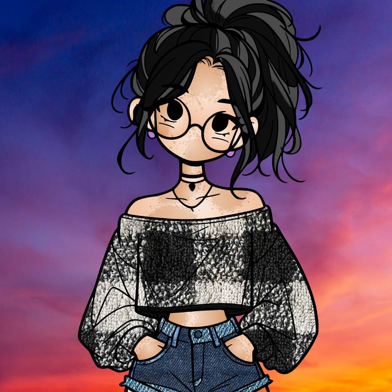 girl with a messy ponytail glasses a baggy crop top and jean shorts
