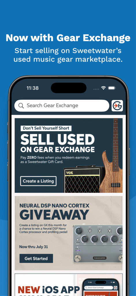 Sweetwater app interface for the Gear Exchange used music gear marketplace