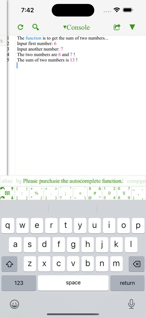 Bash IDE Fresh Edition - Mobile console interface showing a sum calculation script execution with an integrated coding keyboard