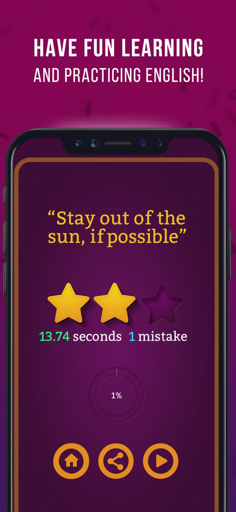 English Sentence Builder Game - English sentence builder app screen showing a completed sentence with time and mistake statistics