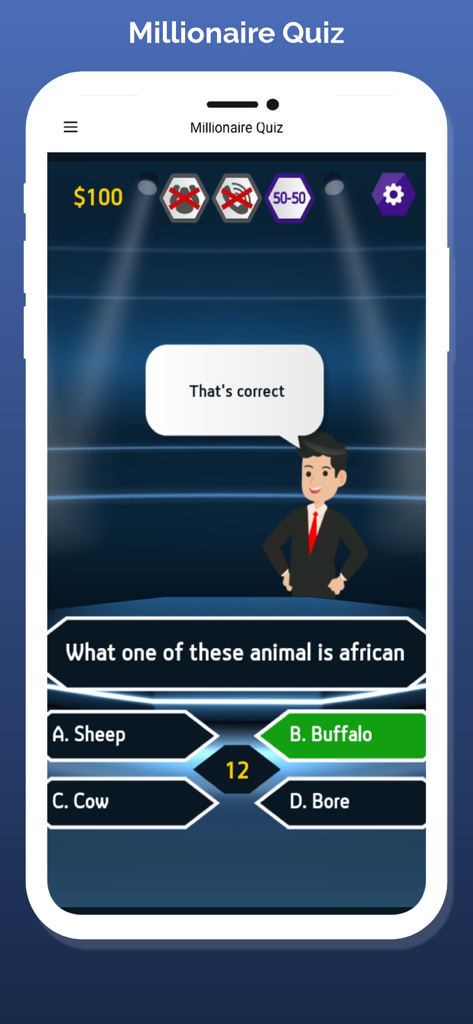 Millionaire Quiz: Tv Game 2023 - Una captura de pantalla del juego móvil Millonario Quiz que muestra una respuesta correcta a una pregunta de trivia sobre animales africanos.