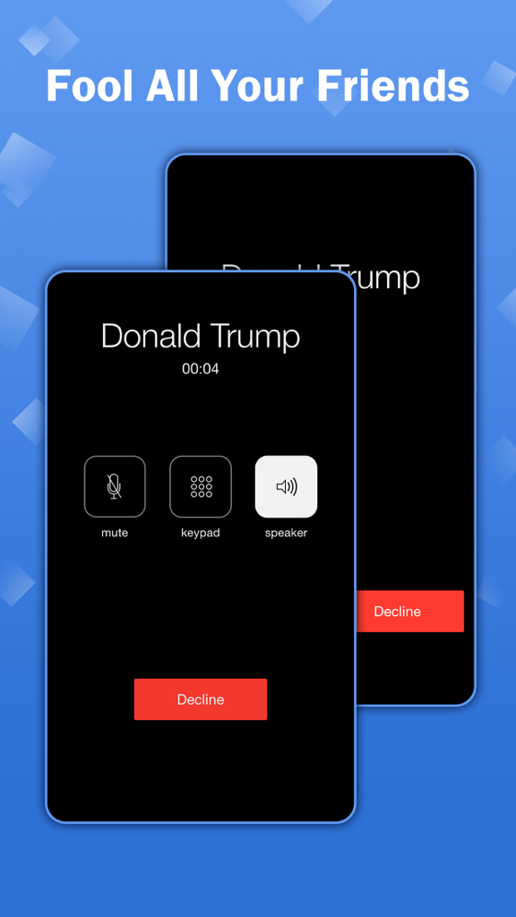 Prank Call App - Spoof Dial - A screenshot of the Prank Call App showing a simulated incoming call from Donald Trump to fool friends.