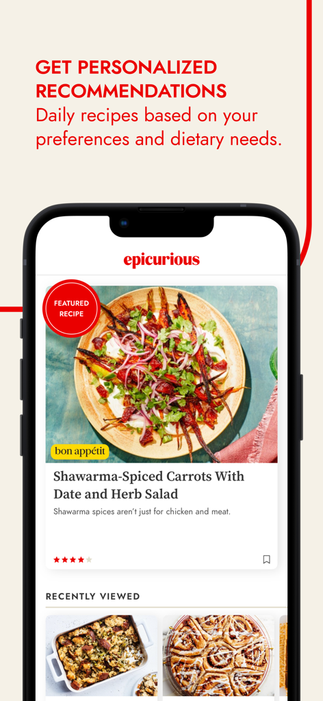 Epicurious app interface showing personalized recipe recommendations and a featured carrot salad recipe
