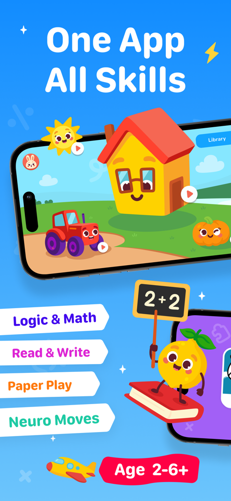 Gráfico promocional de la aplicación GenioKid con juegos de lógica, matemáticas, lectura y escritura para niños de 2 a 6 años