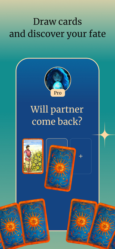 Ursula Tarot: Daily Horoscope - Ursula Tarot app interface showing a love reading question with tarot cards