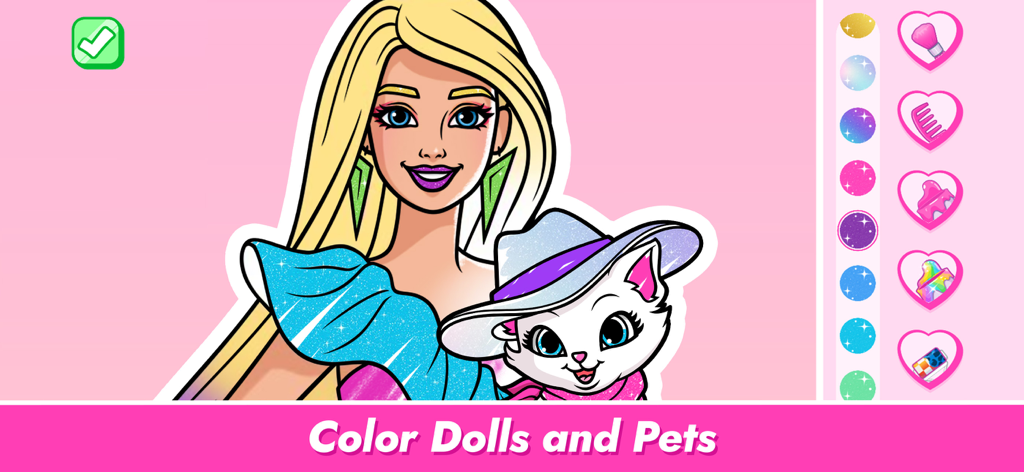 Barbie Color Creations - Barbie e um gato branco em uma atividade digital de colorir e personalização do aplicativo Barbie Color Creations