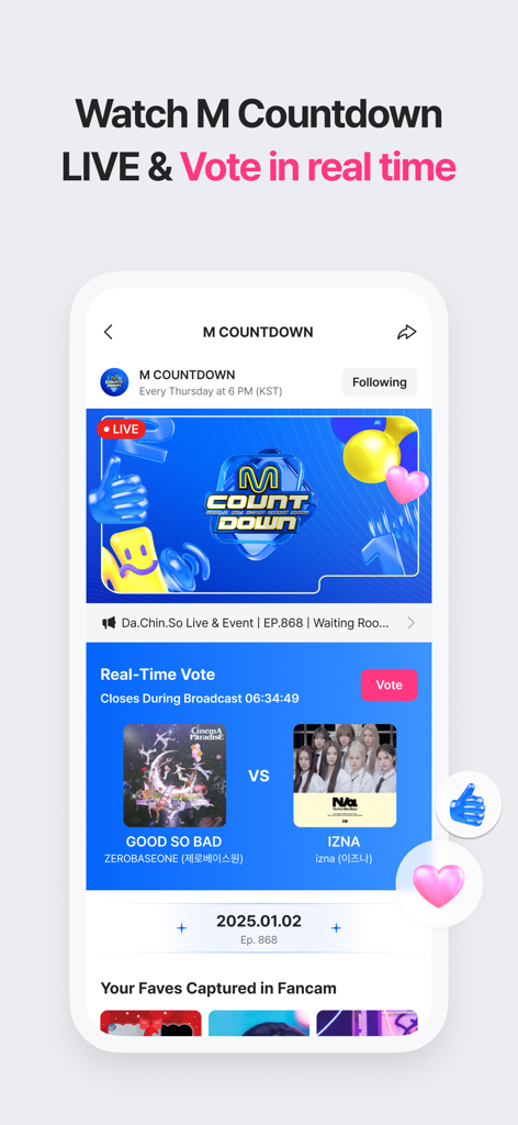 Screenshot of Mnet Plus app showing real-time voting for M Countdown during a live broadcast