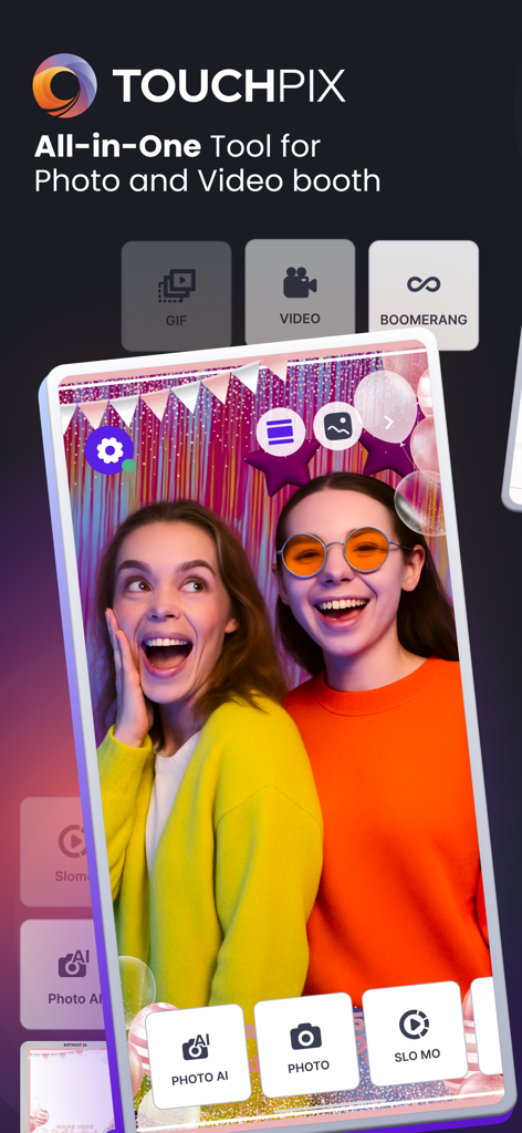 Touchpix app interface displaying capture modes for photo video and boomerang at an event