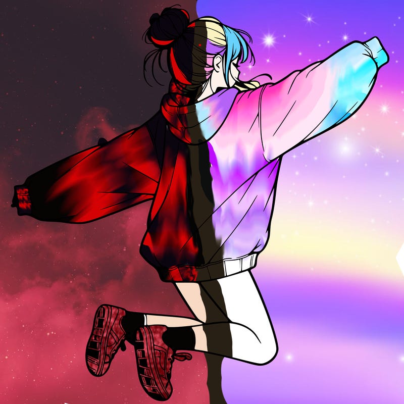 realistic girl jumping with a bun and oversized sweatshirt