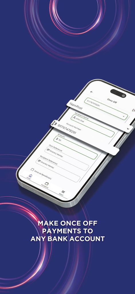 MyNamPost Banking - MyNamPost Banking app display for making once off payments to any bank account