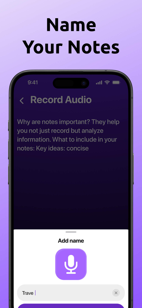 Interfaz que muestra la opción de nombrar una grabación de nota de voz después de la transcripción en la aplicación AI Note Taker.