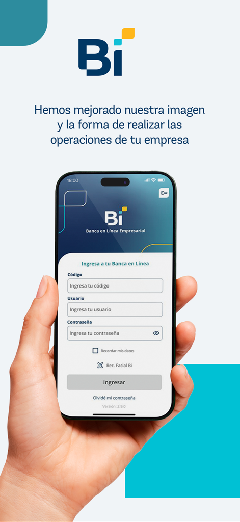 Bi Banking - Pantalla de inicio de sesión de la aplicación móvil Bi Banking con campos para el acceso a cuentas empresariales en un smartphone.