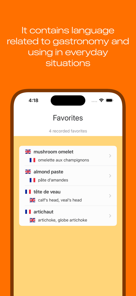 Saved culinary terms in the cooking dictionary app with English and French translations