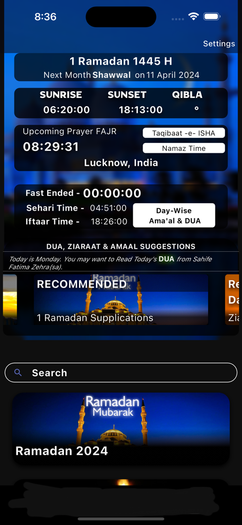 Ascension (Islamic App) - Shia - Ascension Shia Islamic app dashboard displaying Ramadan prayer timings Hijri calendar and daily supplications.