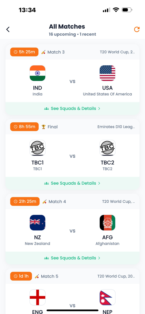 CrickFire - Live Scores - CrickFire app screen showing a list of upcoming cricket matches with team flags and countdown timers