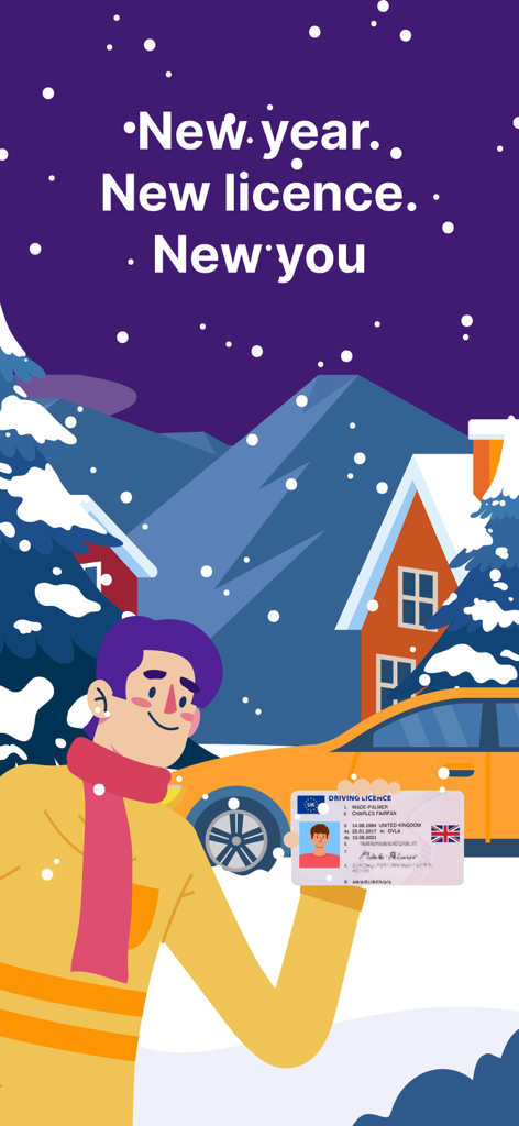 Driving Test Theory Kit 2026 - Illustration einer glücklichen Person mit einem britischen Führerschein in einer verschneiten Winterlandschaft mit dem Text Neues Jahr Neues Lizenz Neues Ich