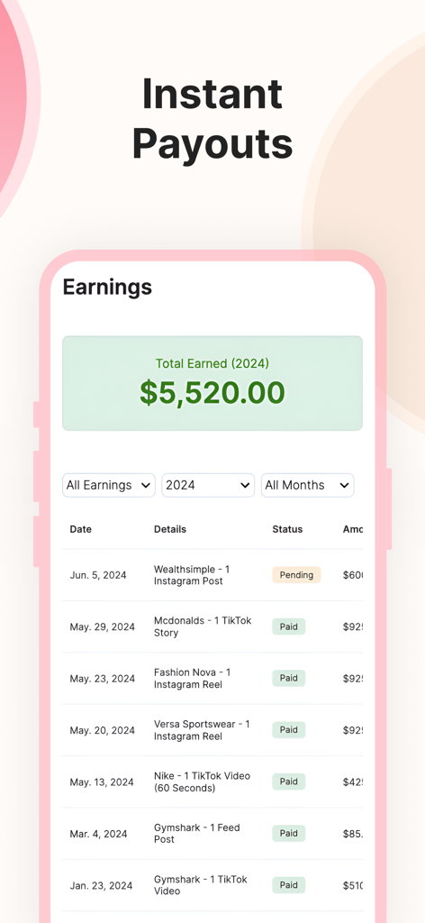 Collabstr app earnings screen showing total earned revenue and a history of paid brand deals for creators