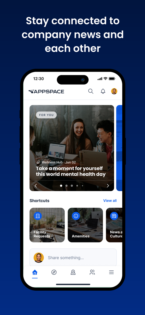 Appspace - Appspace mobile app home screen featuring company news feed and workplace shortcuts.