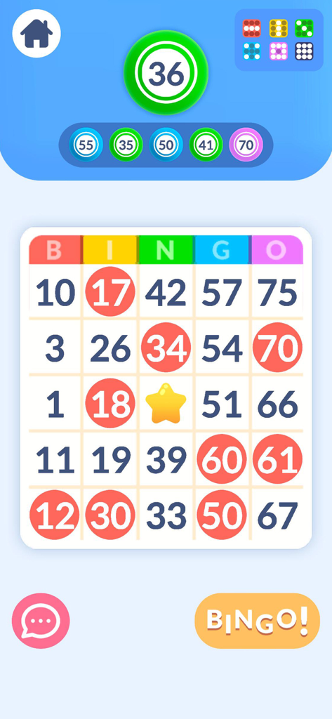 A mobile screen showing a bingo card with marked numbers and the next number to be called