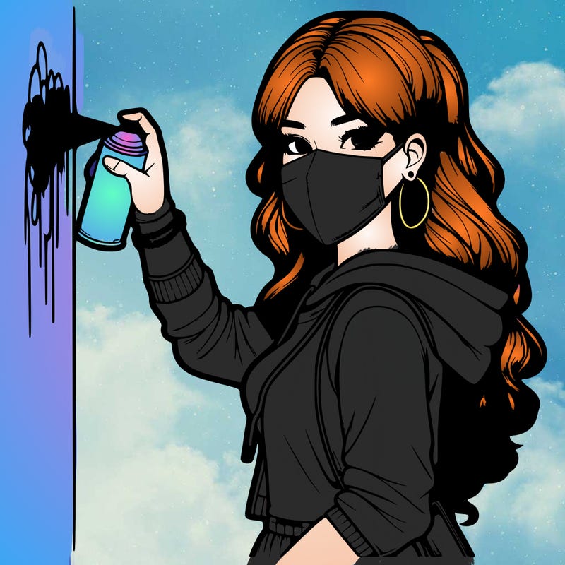 realistic girl with mask spray painting a wall