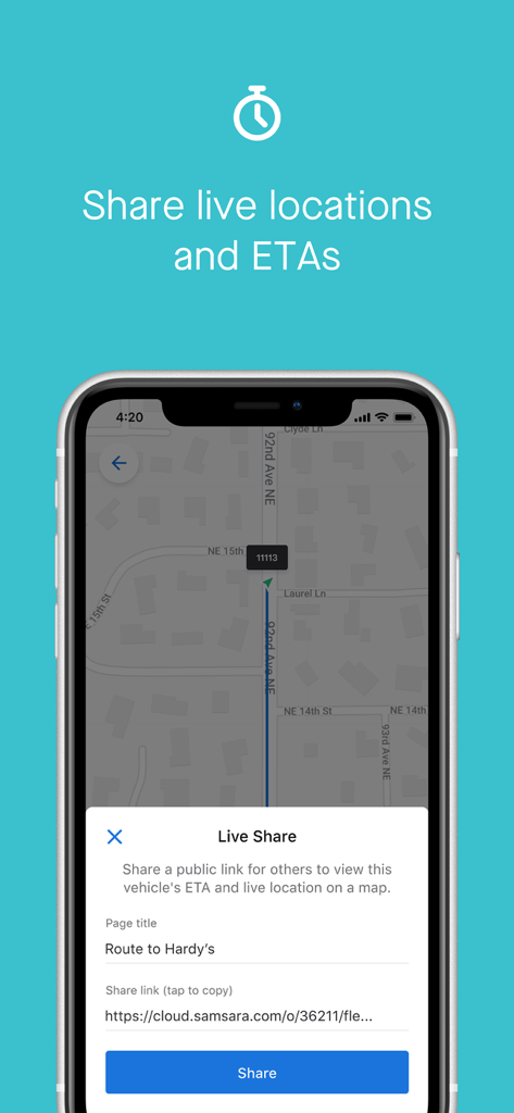 Samsara Fleet app interface showing the live share feature for vehicle location and arrival time