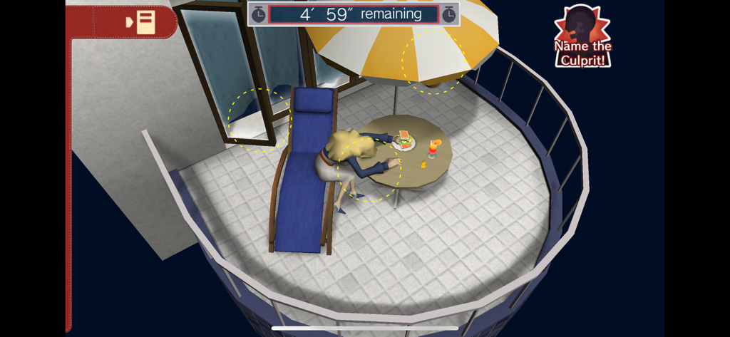 A top-down view of a crime scene investigation on a balcony in Layton Brothers Mystery Room