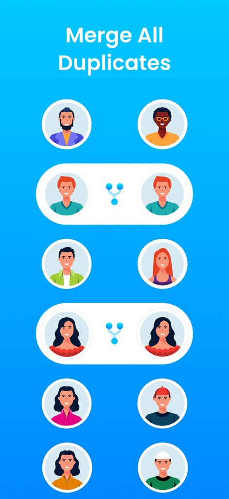 Interface showing the merge all duplicates feature for contact management in MCBackup