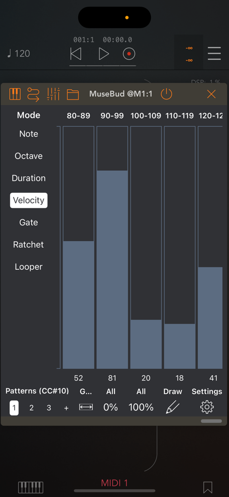 MuseBud - AUv3 MIDI Generator - MuseBud app interface showing MIDI note velocity probability faders and generative sequencing controls.