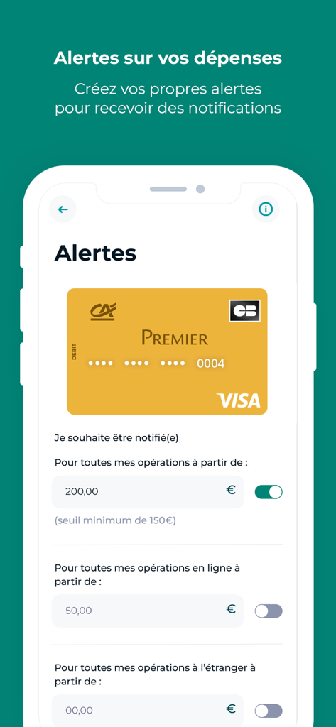 Pantalla de configuración de alertas de gastos en la aplicación de pago móvil de Crédit Agricole para una tarjeta Visa