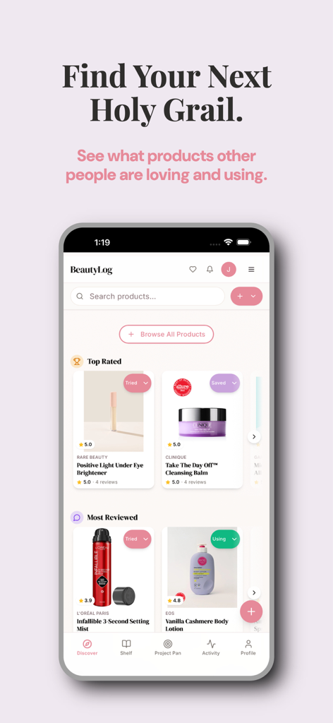 BeautyLog: Beauty Tracker - Interface of BeautyLog app showing top rated beauty products and community recommendations.