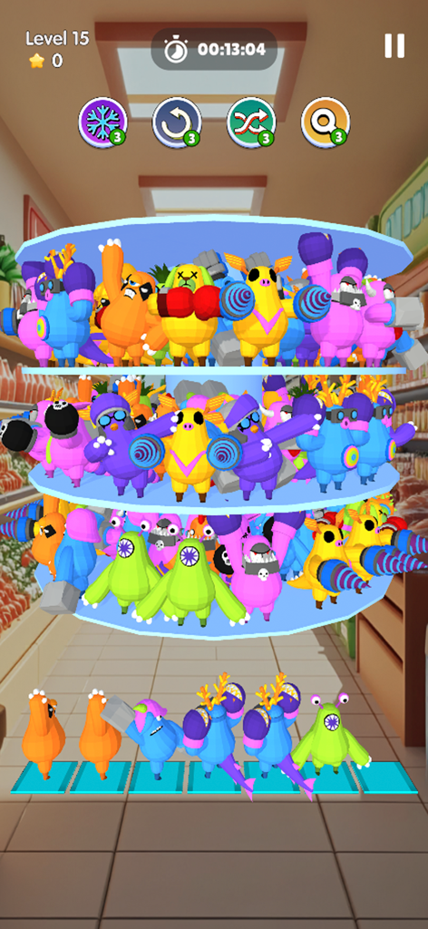 Captura de pantalla de la jugabilidad de Goods Triple Match 3D mostrando juguetes de monstruos coloridos en estantes giratorios de supermercado
