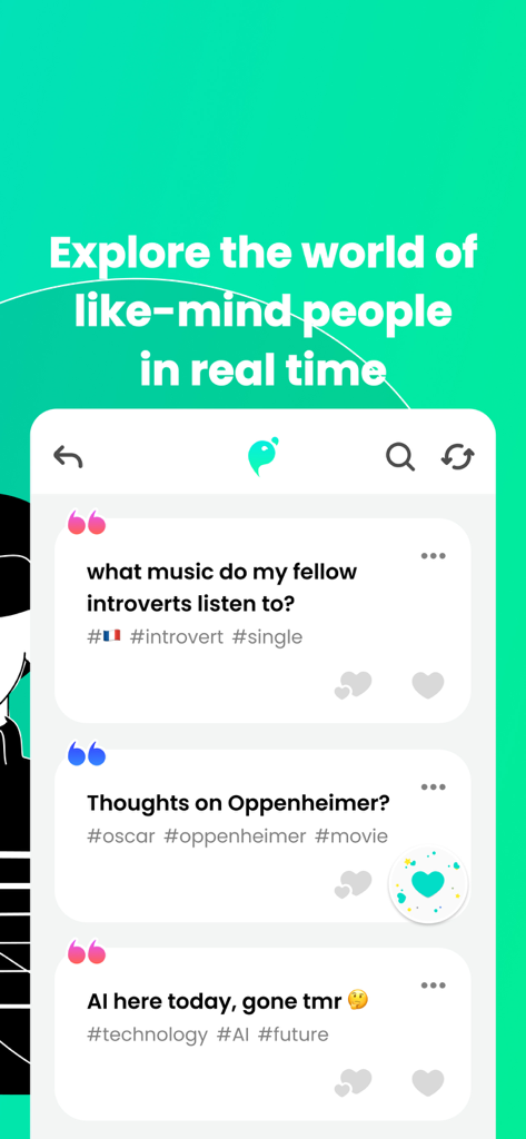 Tela do app Heymandi mostrando postagens de texto em tempo real e tags de conversa como música e filmes.