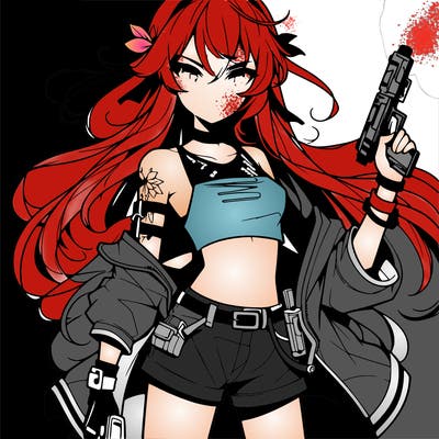 bad girl wearing crop top holding a gun long hair anime