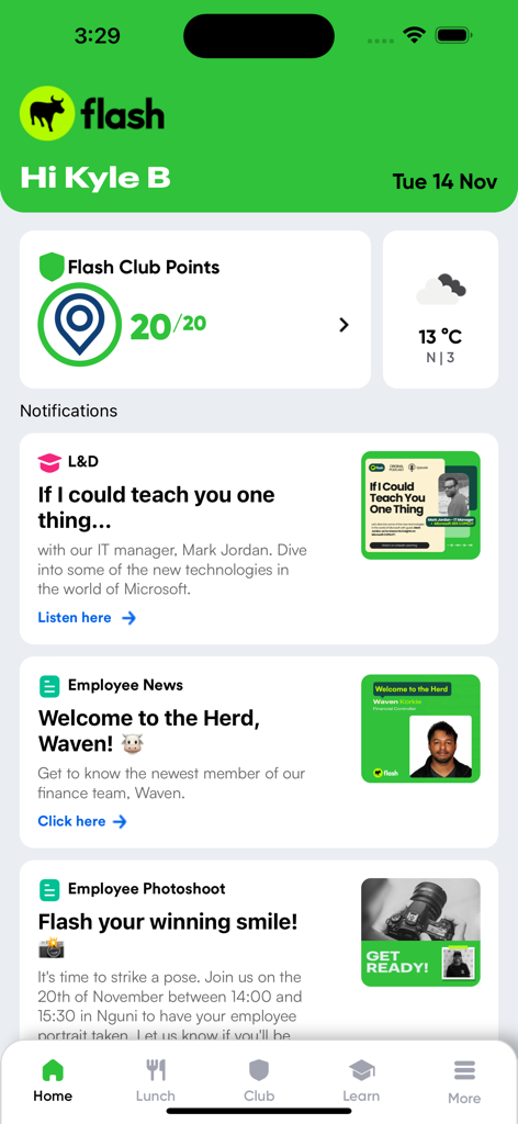 Flash Life - Panel de inicio de la aplicación Flash Life que muestra los puntos de recompensa de los empleados y el feed de noticias interno