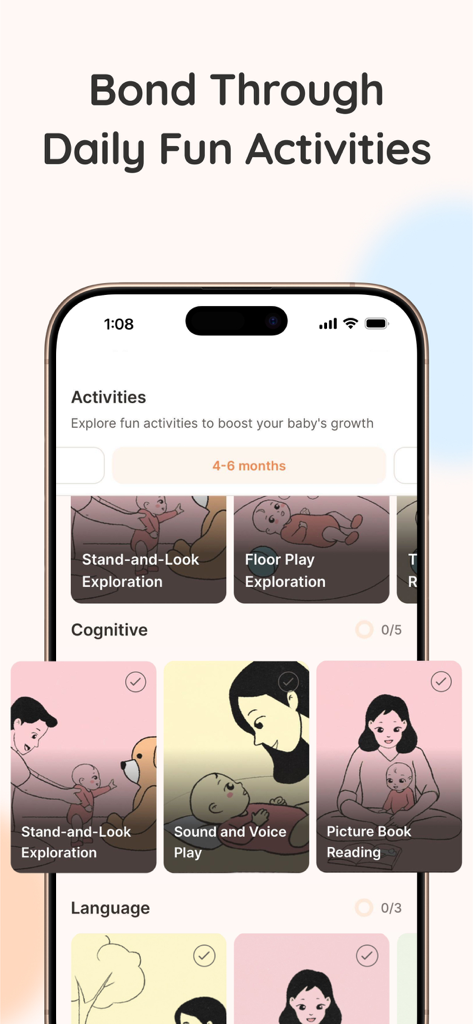 Coozy app interface displaying a collection of daily bonding activities for baby developmental growth like floor play and book reading