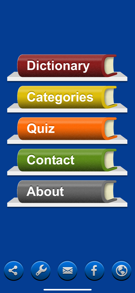 Menú principal de la aplicación Diccionario de Lengua de Señas ASL con secciones para Categorías de Diccionario y Quizzes