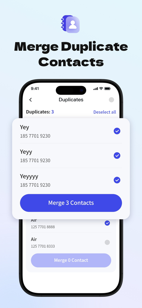 Mobile app interface of AI Clean Phone Sweeper showing the merge duplicate contacts feature on an iPhone