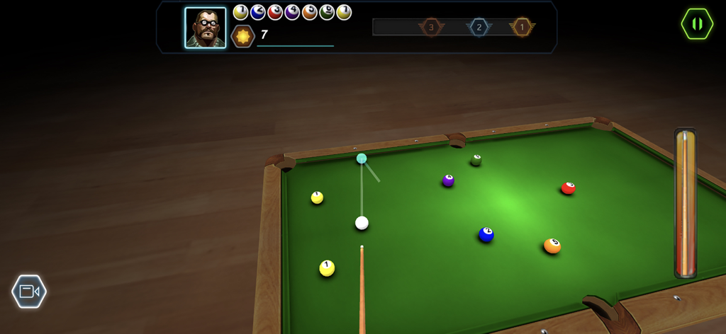 3D Pool Town - Billiards Games - 3D Pool Townで戦略的なショットのためのエイミングガイドとキュー​​スティックを示す3Dビリヤードテーブル。
