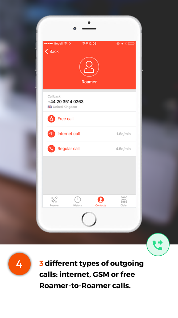 Interfaz de la aplicación Roamer que muestra tres tipos de llamadas salientes, incluyendo opciones de internet, GSM y llamadas gratuitas de Roamer a Roamer