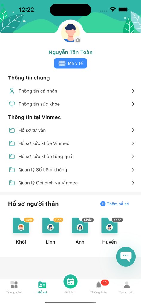 MyVinmec - Interface of the MyVinmec app showing a user profile and folders for family health records management.