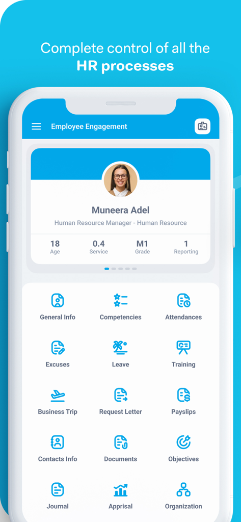 Mobile app screen showing HR management and employee engagement features
