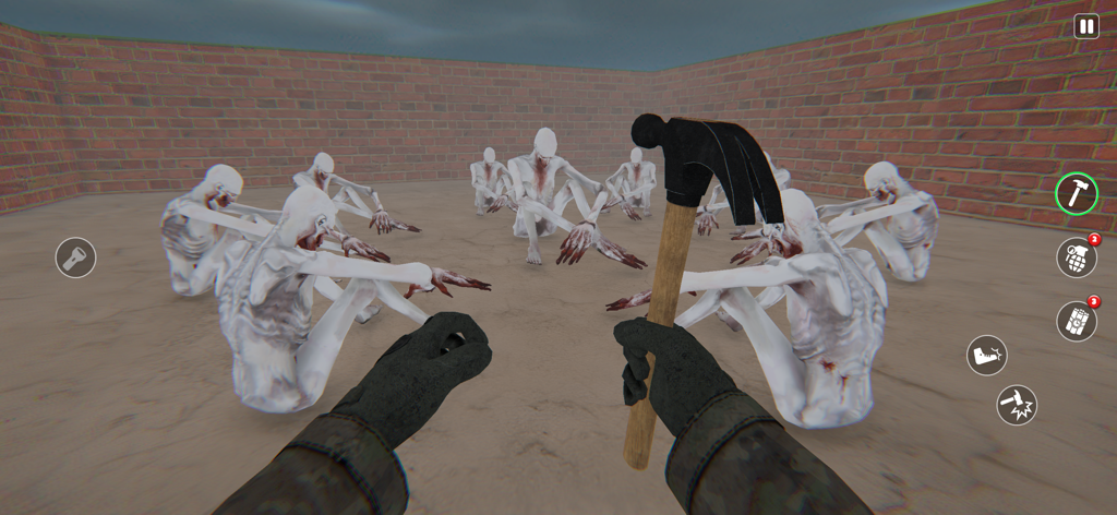 Visão em primeira pessoa de um jogador segurando um martelo encarando um círculo de monstros humanoides pálidos em um recinto de tijolos.
