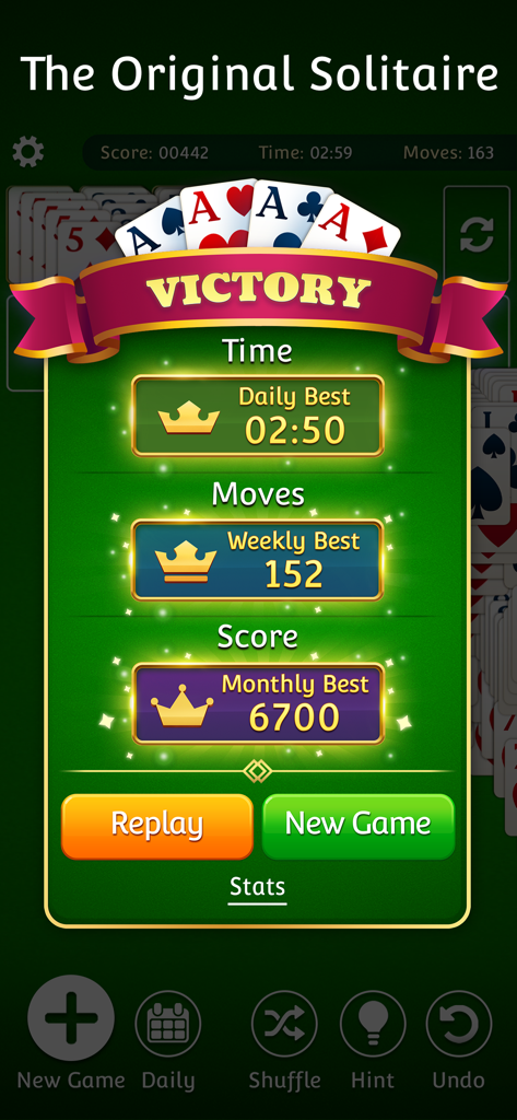Victory screen of the Solitaire Classic Cards app showing game statistics and high scores