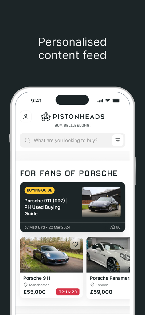 PistonHeads app screen showing a personalized content feed for Porsche enthusiasts