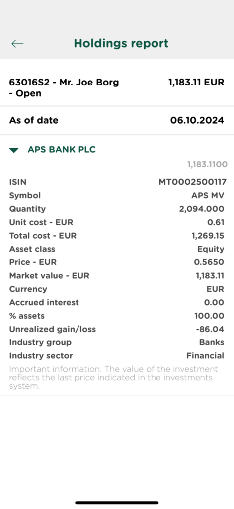 The holdings report interface of the myAPS app displaying investment details and market values