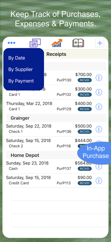 LawnCare Pro app interface for tracking business purchases expenses and receipts