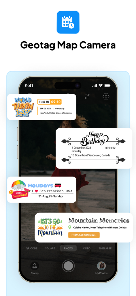 Tagofy app interface showing custom photo stamps for travel and events with GPS location data