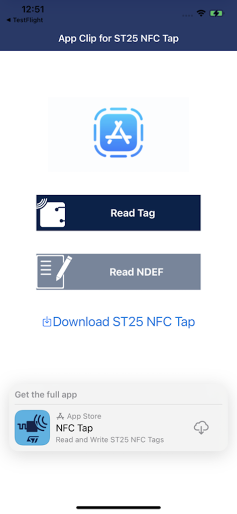 NFC Tap - App Clip interface for NFC Tap showing Read Tag and Read NDEF buttons